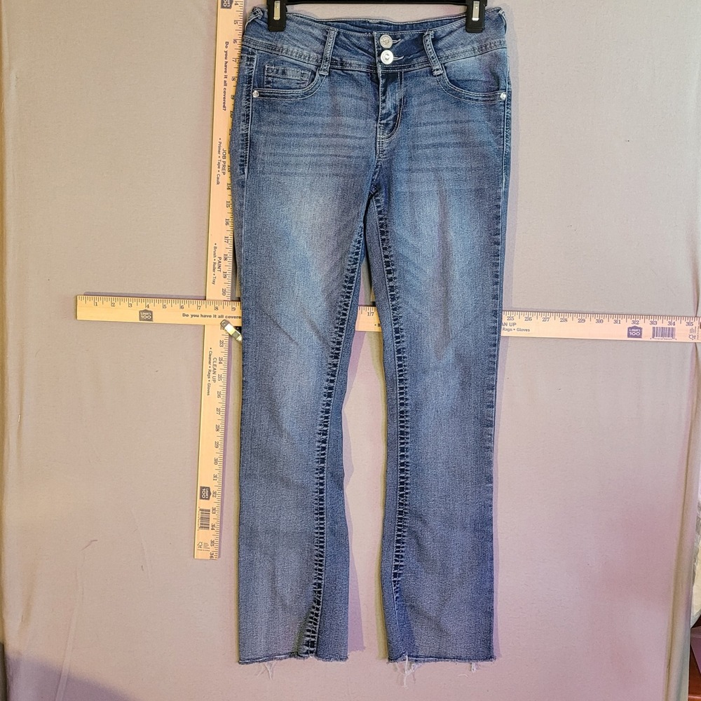WallFlower Luscious Curvy Bootcut Jeans Blue Denim Rhinestone Raw Hem Size 3